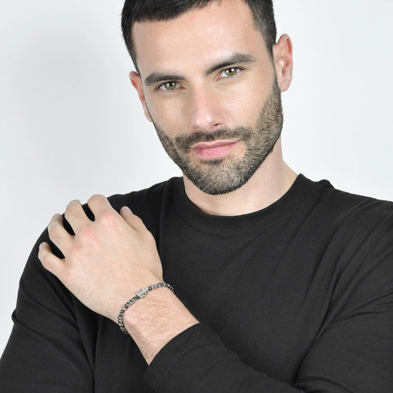 BRACCIALE UOMO IN ACCIAIO CON EMATITE NERA E SFERE IN ACCIAIO