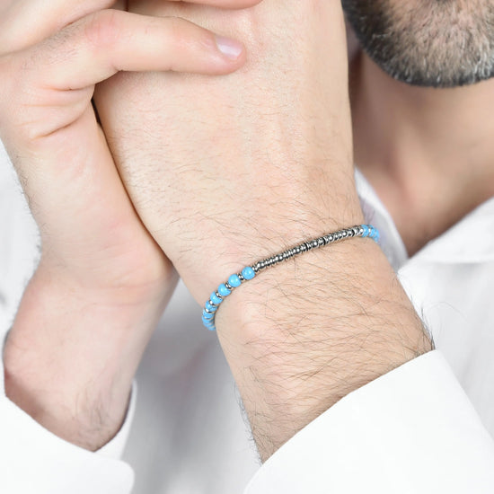 BRACCIALE UOMO IN ACCIAIO CON PIETRE AZZURRE E SFERE IN ACCIAIO