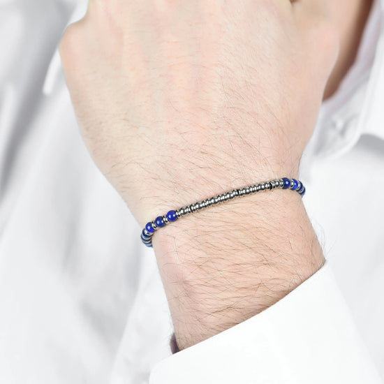 BRACCIALE UOMO IN ACCIAIO CON PIETRE LAPIS E SFERE IN ACCIAIO