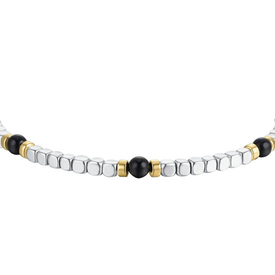 BRACELET HOMME EN ACIER AVEC PIERRES NOIRES ET ÉLÉMENTS EN OR IP