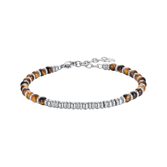 BRACCIALE UOMO IN ACCIAIO CON PIETRE OCCHIO DI TIGRE E SFERE IN ACCIAIO