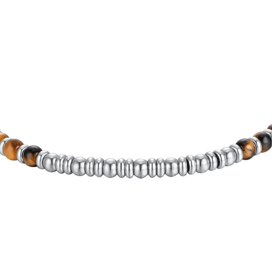 BRACCIALE UOMO IN ACCIAIO CON PIETRE OCCHIO DI TIGRE E SFERE IN ACCIAIO