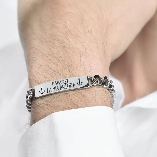 BRACCIALE UOMO IN ACCIAIO CON SMALTO NERO "PAPA' SEI LA MIA ANCORA"