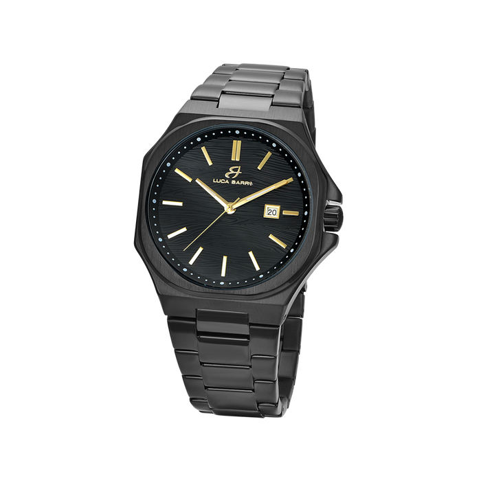 MEN'S WATCH IN BLACK IP STEEL, BLACK DIAL, IP GOLD DETAILS