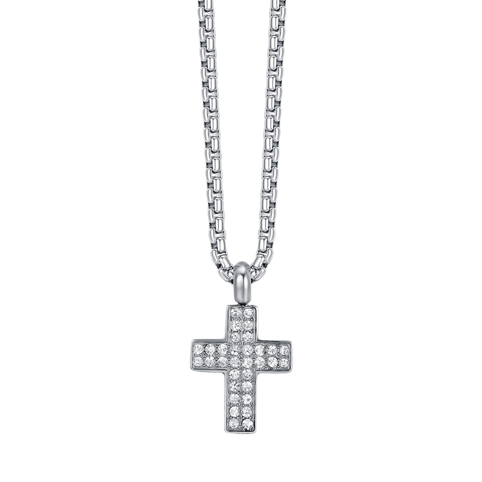 COLLANA UOMO IN ACCIAIO CON CROCE CON CRISTALLI BIANCHI