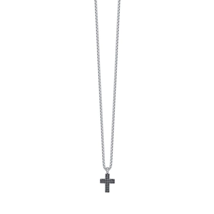 COLLANA UOMO IN ACCIAIO CON CROCE CON CRISTALLI NERI