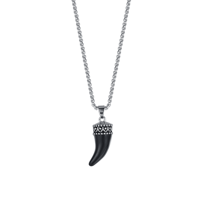 COLLANA UOMO IN ACCIAIO CON CORNO CON SMALTO NERO