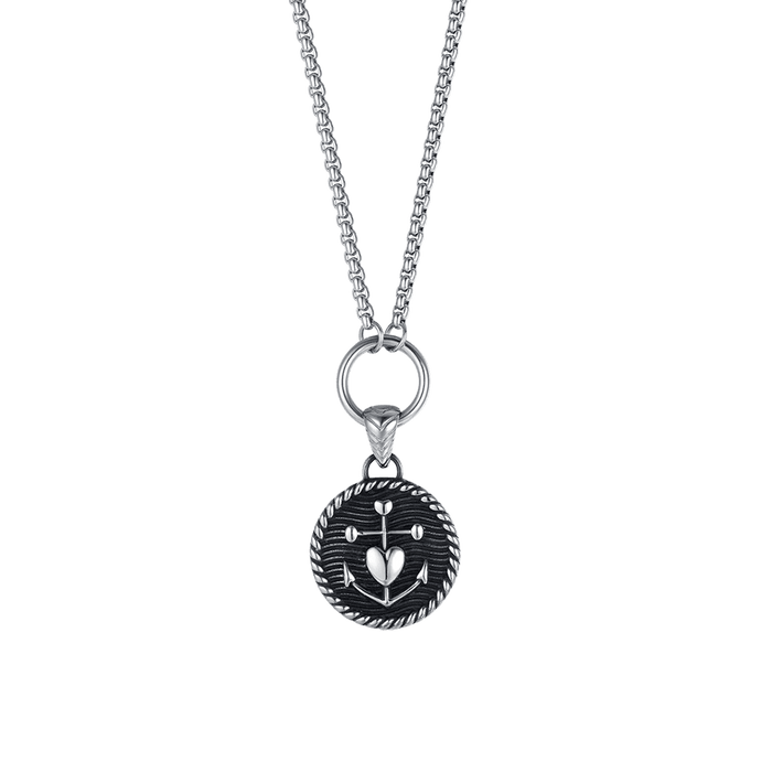 COLLANA UOMO IN ACCIAIO CON PIASTRA CON ANCORA E CUORE CON SMALTO NERO