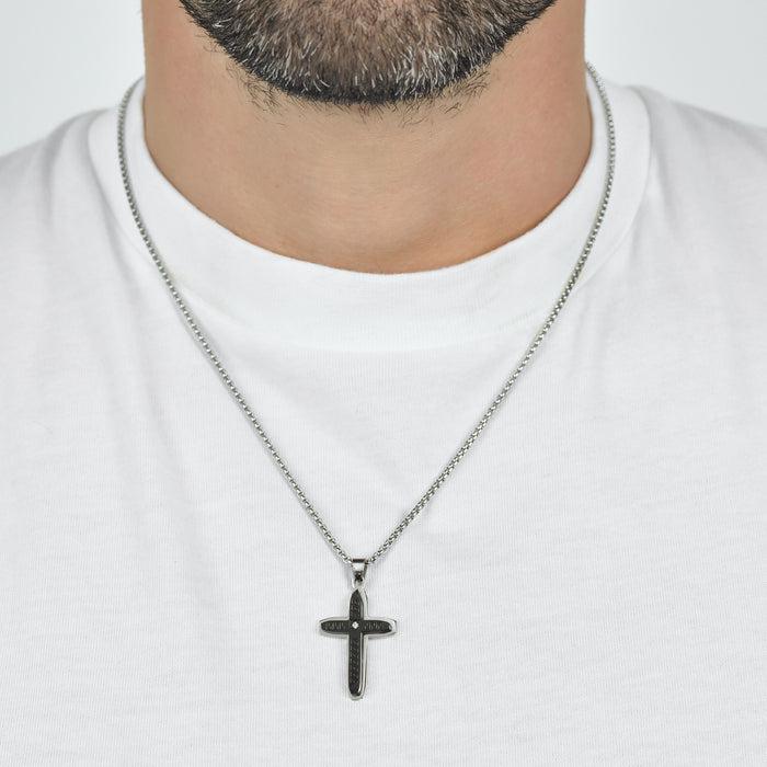 MEN'S NECKLACE IN STEEL CROSS WITH BLACK IP