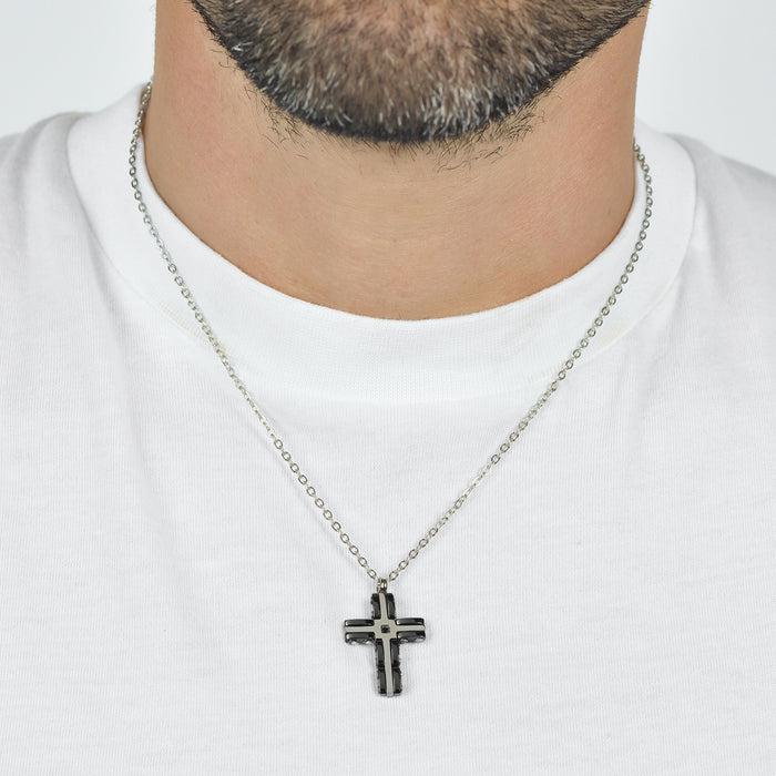 MEN'S NECKLACE IN STEEL CROSS IN STEEL AND BLACK CERAMIC
