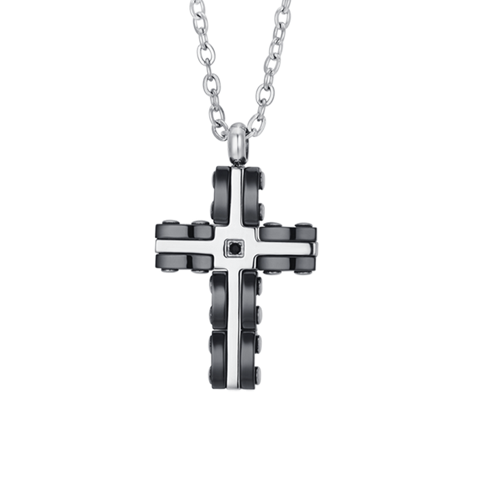 MEN'S NECKLACE IN STEEL CROSS IN STEEL AND BLACK CERAMIC