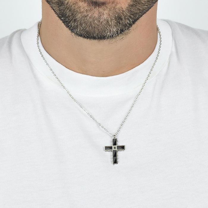 MEN'S NECKLACE IN STEEL CROSS IN STEEL AND BLACK CERAMIC WITH BLACK CRYSTAL