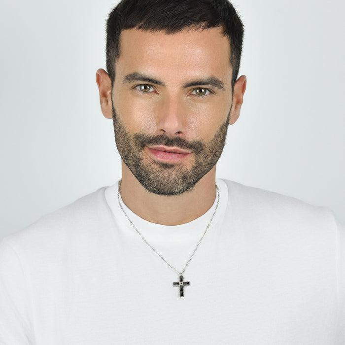 MEN'S NECKLACE IN STEEL CROSS IN STEEL AND BLACK CERAMIC WITH BLACK CRYSTAL