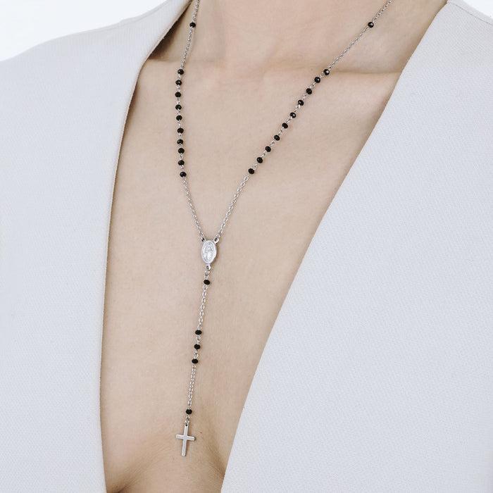 WOMEN'S ROSARY NECKLACE IN STEEL WITH BLACK CRYSTALS WITH PENDANT