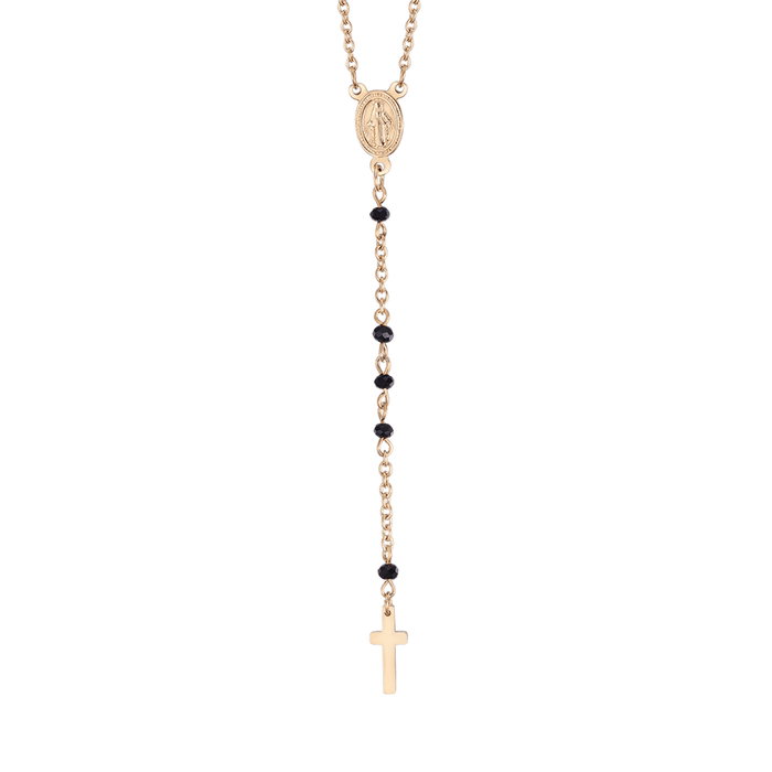 WOMEN'S ROSARY NECKLACE IN STEEL WITH BLACK CRYSTALS WITH PENDANT