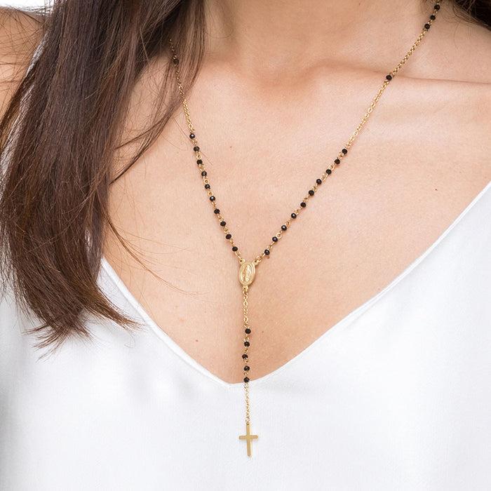 WOMEN'S ROSARY NECKLACE IN STEEL WITH BLACK CRYSTALS WITH PENDANT