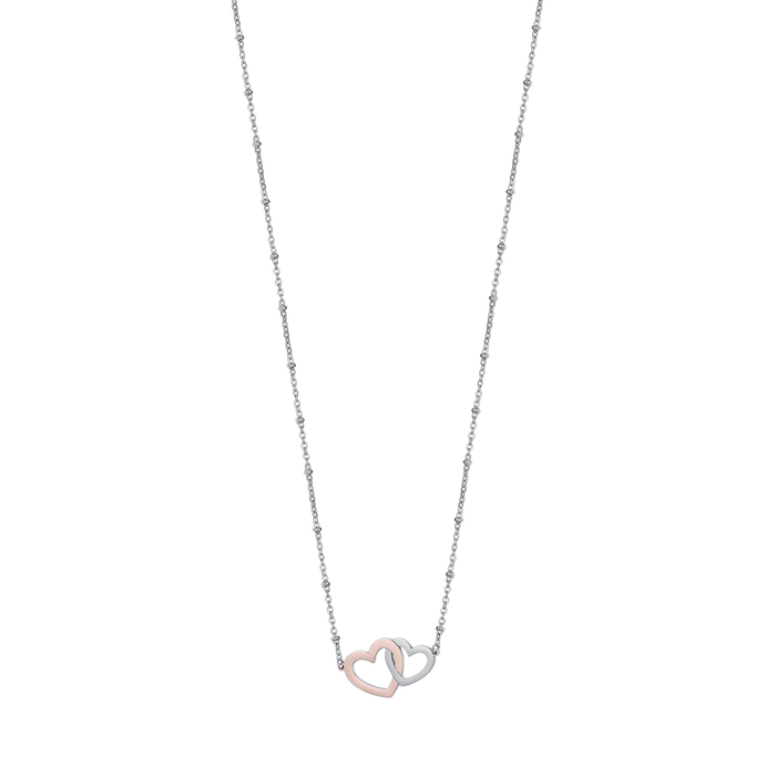 STEEL NECKLACE WITH STEEL HEARTS AND IP ROSE STEEL