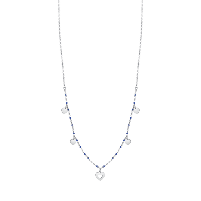 STEEL NECKLACE WITH HEARTS AND BLUE STONES