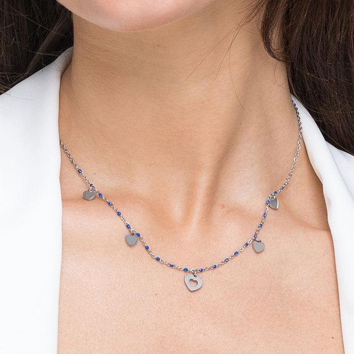 STEEL NECKLACE WITH HEARTS AND BLUE STONES