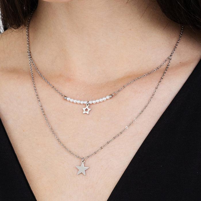 COLLANA DONNA IN ACCIAIO CON STELLE E PERLE BIANCHE