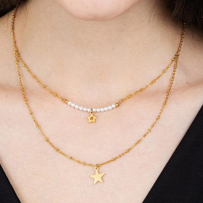 COLLANA DONNA IN ACCIAIO CON STELLE E PERLE BIANCHE