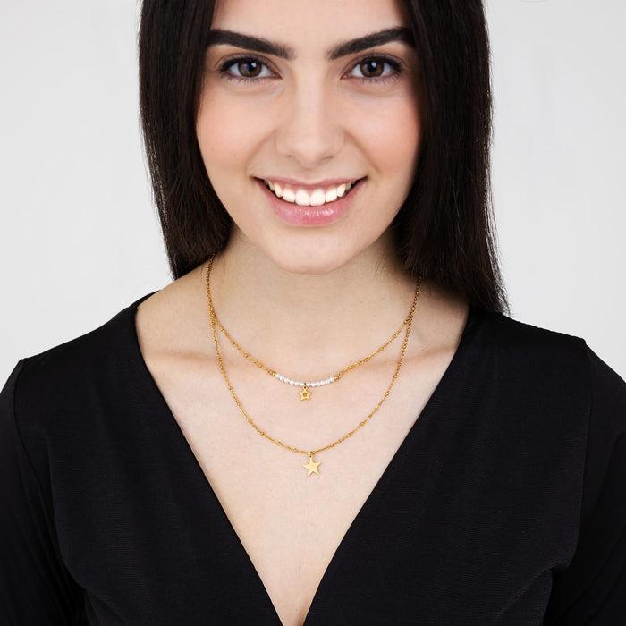 COLLANA DONNA IN ACCIAIO CON STELLE E PERLE BIANCHE