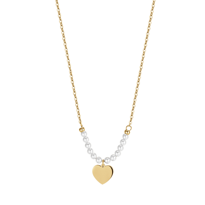 COLLANA DONNA IN ACCIAIO IP GOLD CON CUORE E PERLE BIANCHE