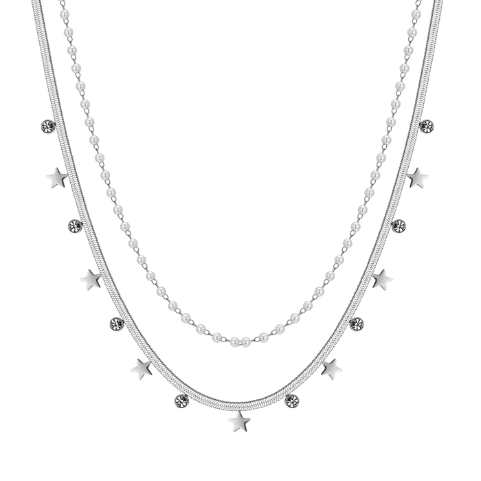 COLLANA DONNA IN ACCIAIO CON PERLE BIANCHE, STELLE E CRISTALLI