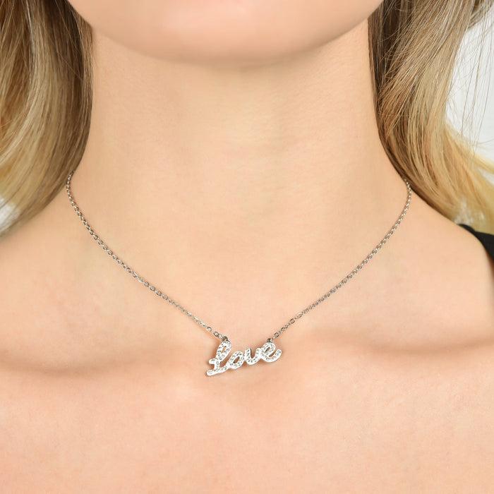 WOMEN'S STEEL NECKLACE WITH LOVE WRITING WITH WHITE CRYSTALS