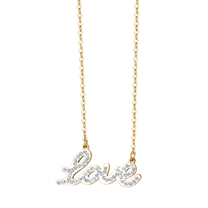 WOMEN'S NECKLACE IN IP GOLD STEEL WITH LOVE WRITING WITH WHITE CRYSTALS
