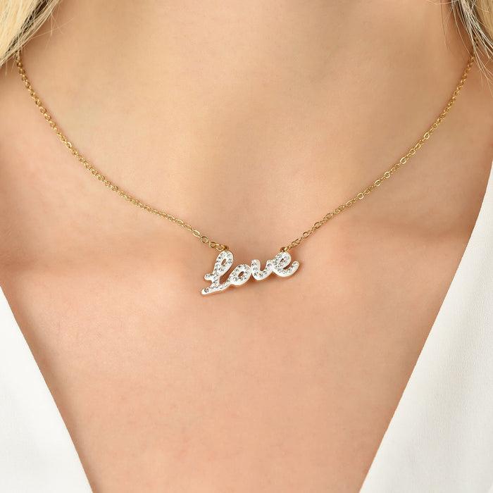 WOMEN'S NECKLACE IN IP GOLD STEEL WITH LOVE WRITING WITH WHITE CRYSTALS