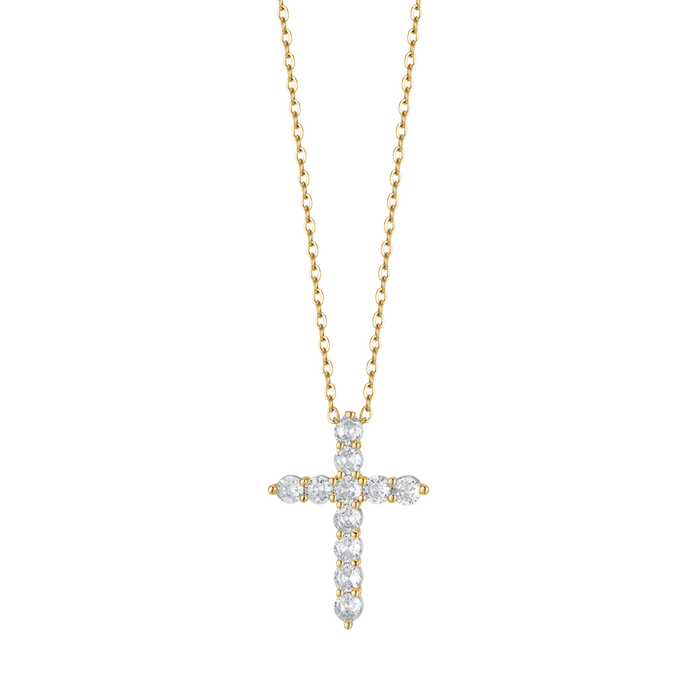 COLLIER FEMME EN ACIER DORÉ IP AVEC CROIX ET CRISTAUX BLANCS