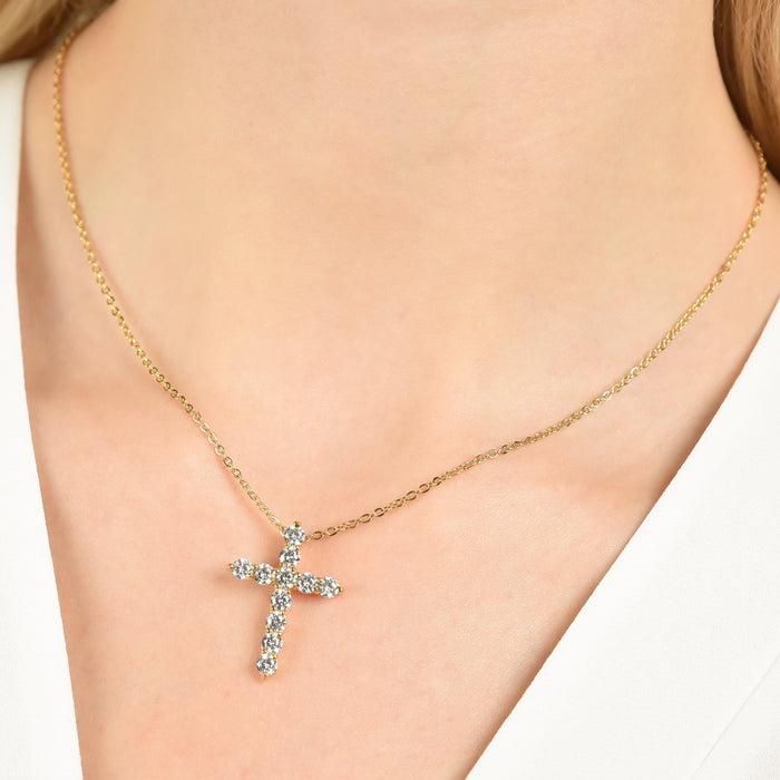 COLLIER FEMME EN ACIER DORÉ IP AVEC CROIX ET CRISTAUX BLANCS