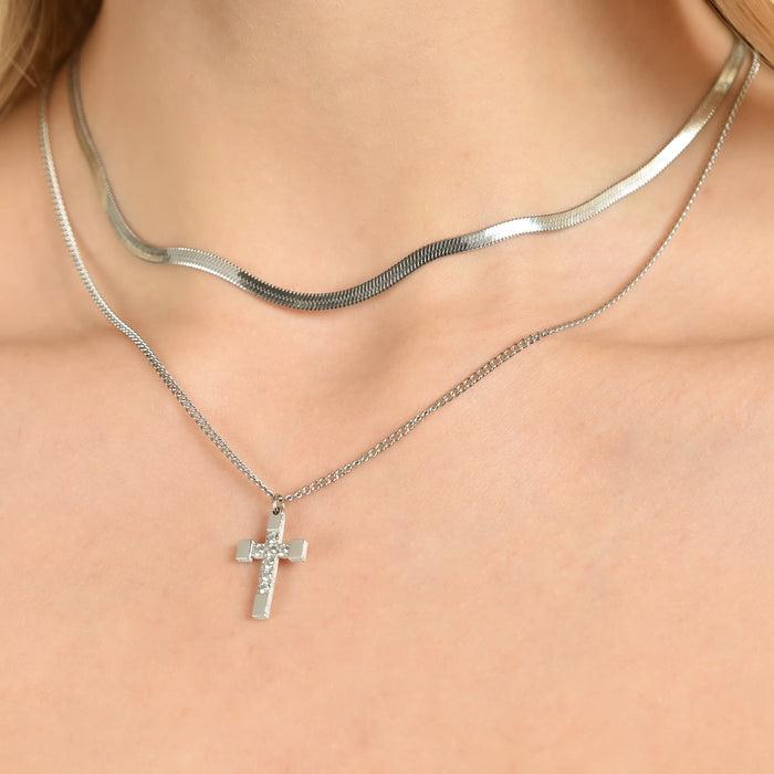 COLLIER FEMME EN ACIER AVEC CROIX ET CRISTAUX BLANCS