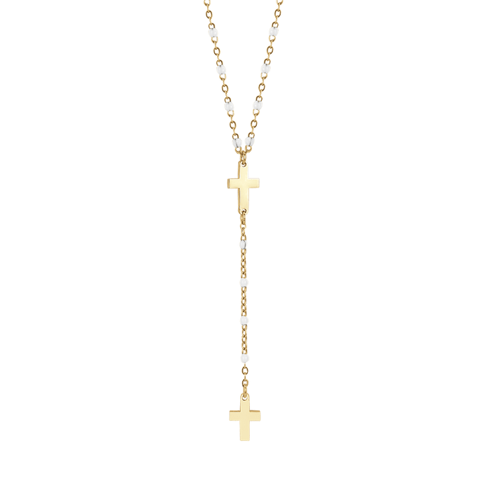 COLLANA ROSARIO DONNA IN ACCIAIO IP GOLD CON CROCI ED ELEMENTI BIANCHI