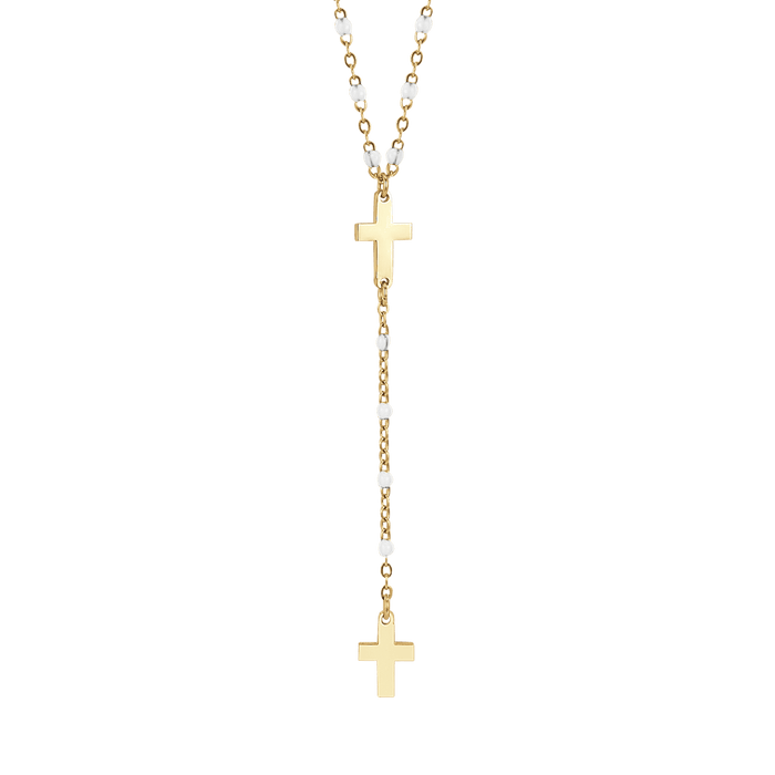 COLLANA ROSARIO DONNA IN ACCIAIO IP GOLD CON CROCI ED ELEMENTI BIANCHI