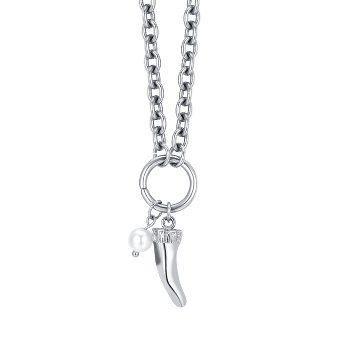 COLLANA DONNA IN ACCIAIO CON CORNO E PERLA BIANCA