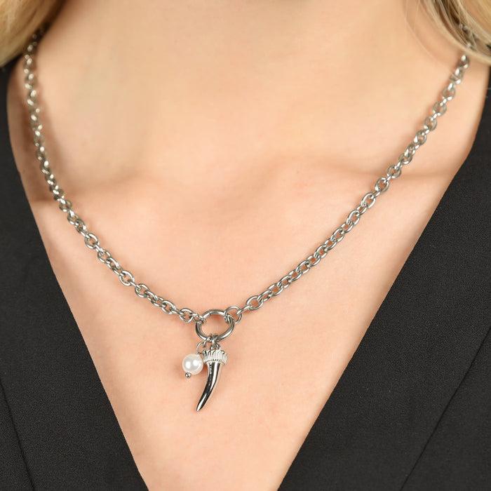 COLLANA DONNA IN ACCIAIO CON CORNO E PERLA BIANCA
