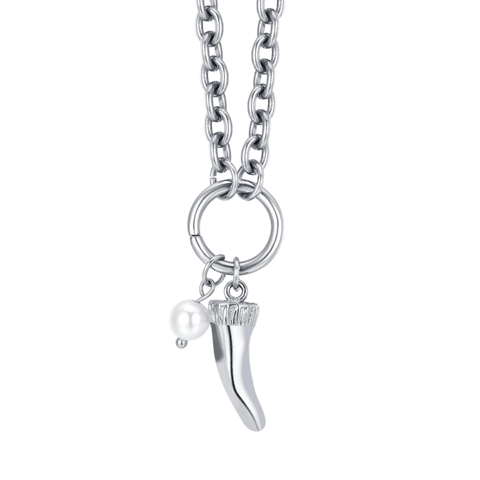COLLANA DONNA IN ACCIAIO CON CORNO E PERLA BIANCA