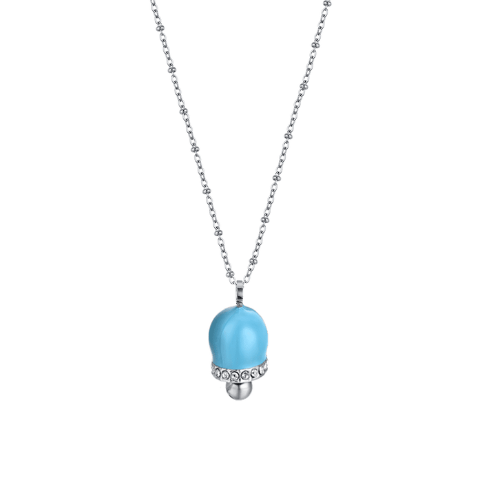 COLLANA DONNA IN ACCIAIO CON CAMPANELLA CON SMALTO TURCHESE E CRISTALLI BIANCHI
