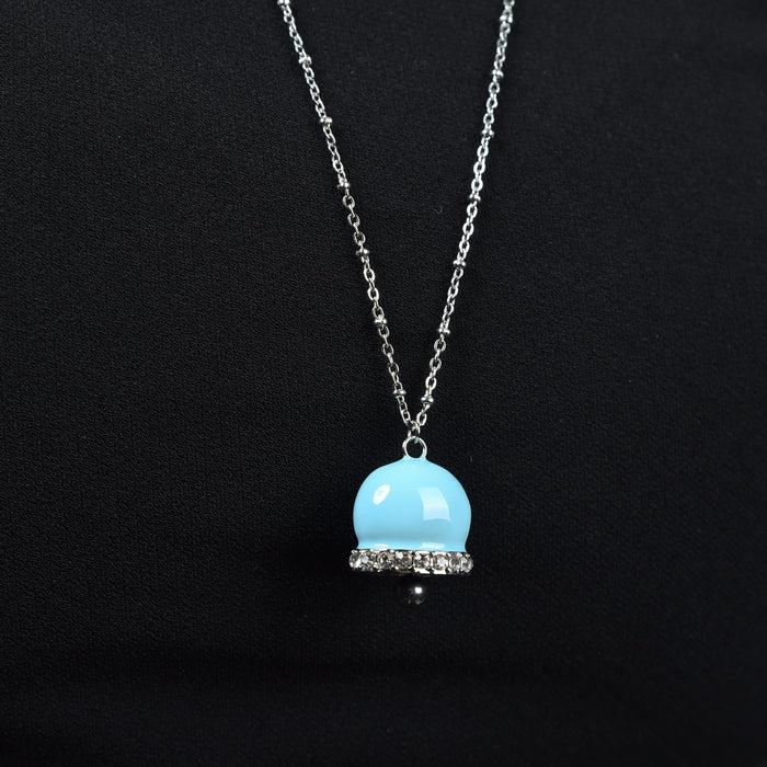 COLLANA DONNA IN ACCIAIO CON CAMPANELLA CON SMALTO TURCHESE E CRISTALLI BIANCHI