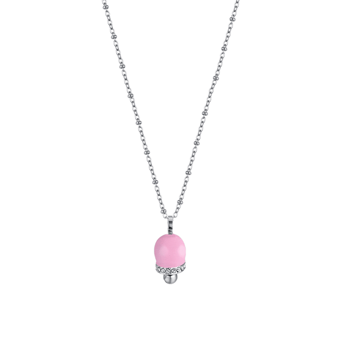 COLLANA DONNA IN ACCIAIO CON CAMPANELLA CON SMALTO ROSA E CRISTALLI BIANCHI