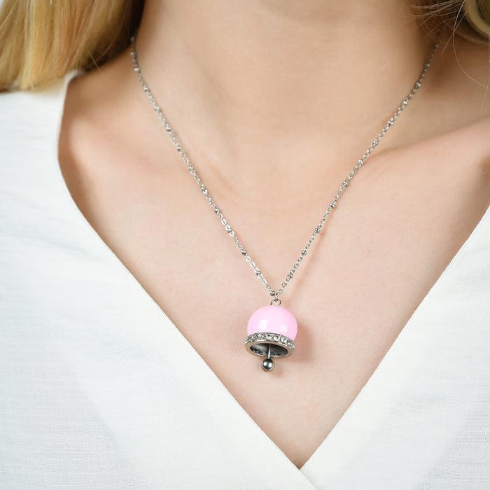 COLLANA DONNA IN ACCIAIO CON CAMPANELLA CON SMALTO ROSA E CRISTALLI BIANCHI