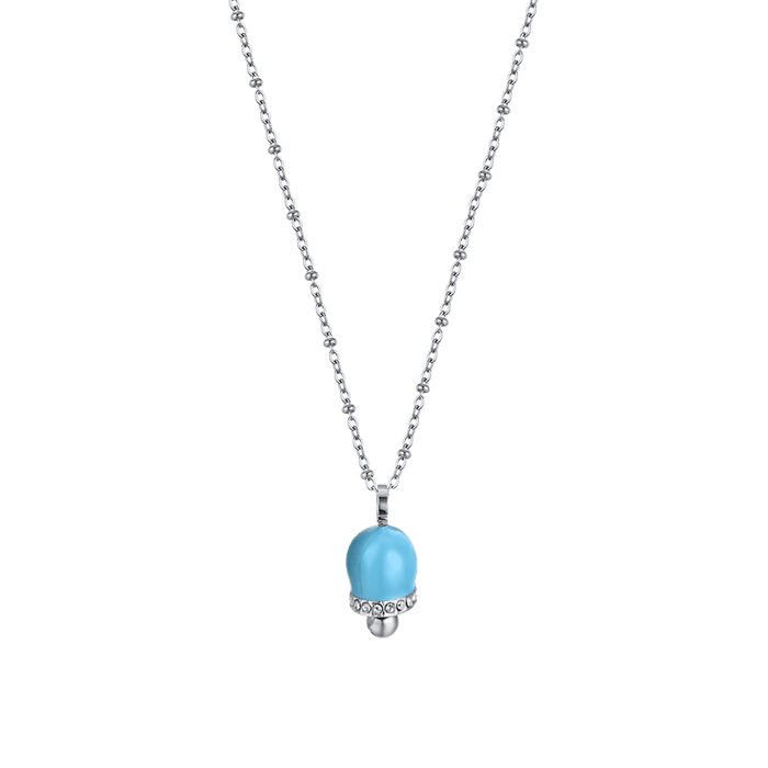 COLLANA DONNA IN ACCIAIO CON CAMPANELLA CON SMALTO TURCHESE E CRISTALLI BIANCHI