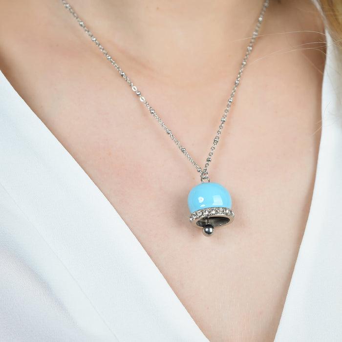 COLLANA DONNA IN ACCIAIO CON CAMPANELLA CON SMALTO TURCHESE E CRISTALLI BIANCHI