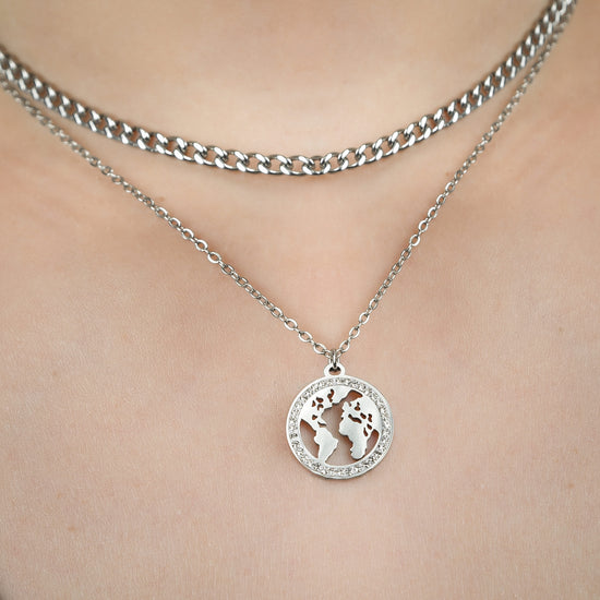 COLLANA DONNA IN ACCIAIO CON MONDO CON CRISTALLI BIANCHI