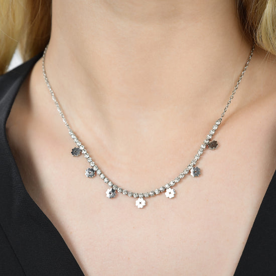 COLLANA DONNA IN ACCIAIO CON CRISTALLI BIANCHI E QUADRIFOGLI