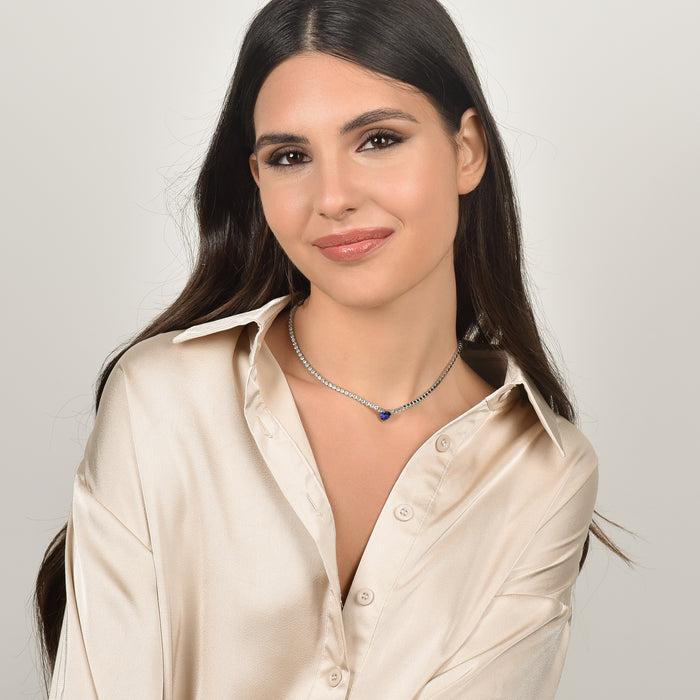 COLLIER TENNIS FEMME EN ACIER AVEC CRISTAUX BLANCS ET CŒUR EN CRISTAL BLEU