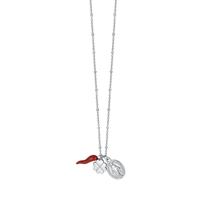 COLLANA DONNA IN ACCIAIO CON CHARM QUADRIFOGLIO, CORNO E MADONNA