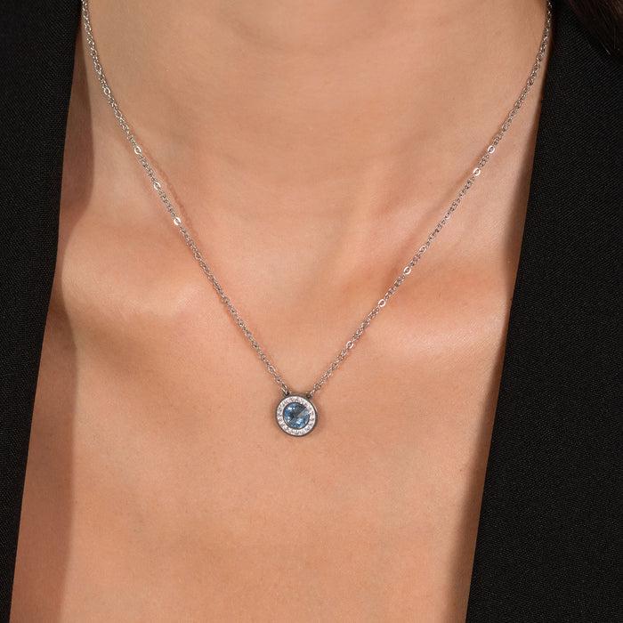 WOMEN'S NECKLACE IN STEEL WITH AQUAMARINE CRYSTAL ELEMENT AND WHITE CRYSTALS
